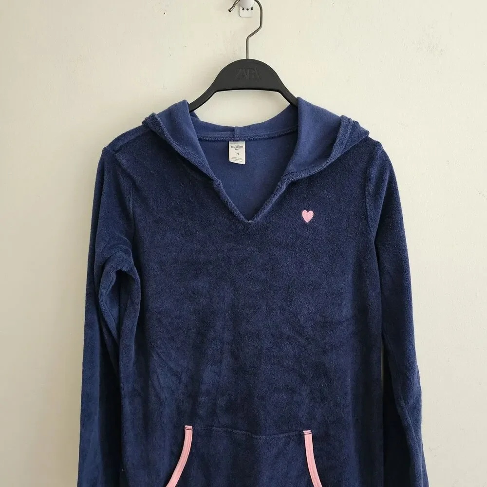 OshKosh B'Gosh Terry Cloth Towel Dress Hooded Navy Pink Heart Coverup Girls 14